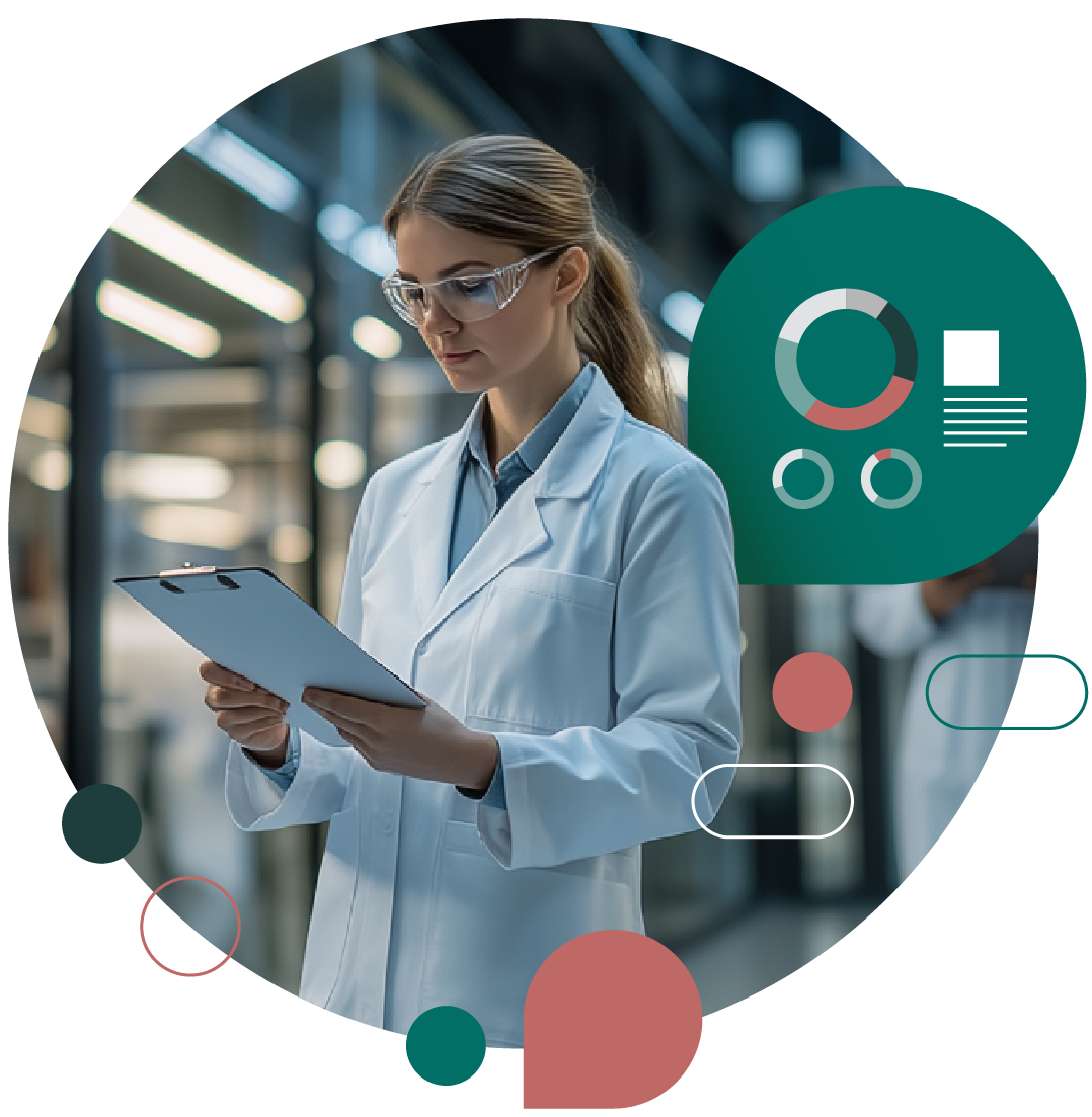 Researcher looking at clipboard in a lab surrounded by pie charts