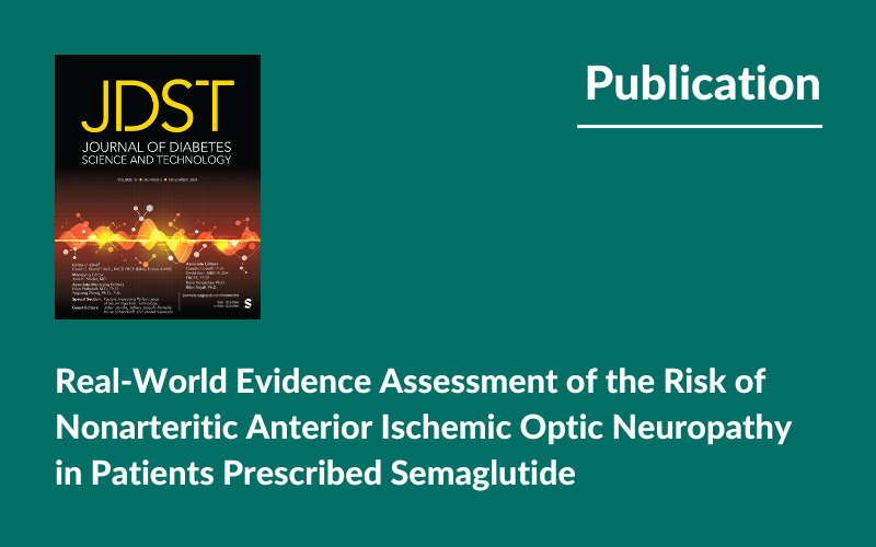 Image of the cover of JDST journal and the words, "Publication: Real-World Evidence Assessment of the Risk of Nonarteritic Anterior Ischemic Optic Neuropathy in Patients Prescribed Semaglutide"